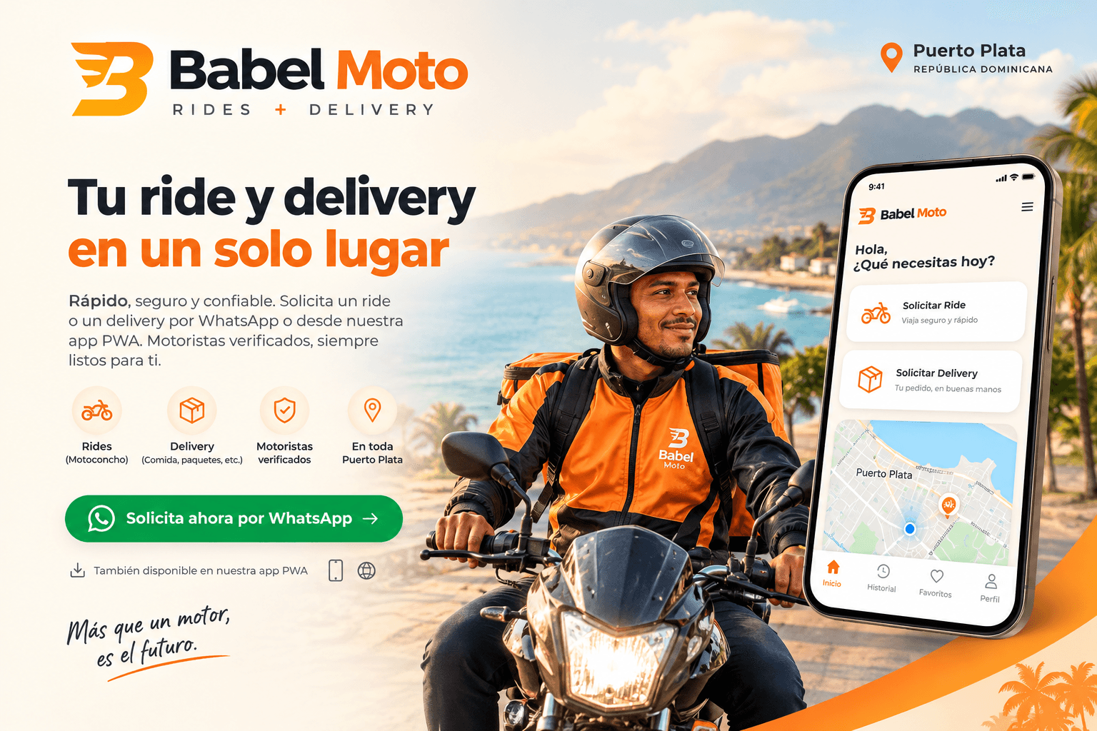 Babel Moto: rides y delivery en Puerto Plata. Motorista verificado con casco naranja y la app en un celular.